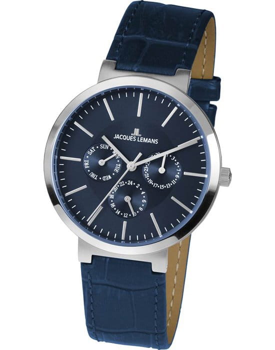 Jacques Lemans Jacques Lemans 1-1950C  1-1950C кварцевые мужские часы синий циферблат, браслет кожаный — вид спереди